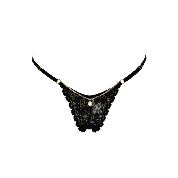 String noir en dentelle avec bijou et chaîne dorée 